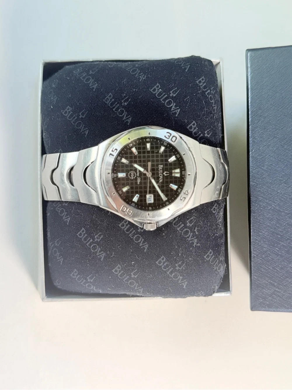 Bulova Marine Star Mens 38mm Blk Dial Silver Tone Date 96G14 New Batt, Full Kit